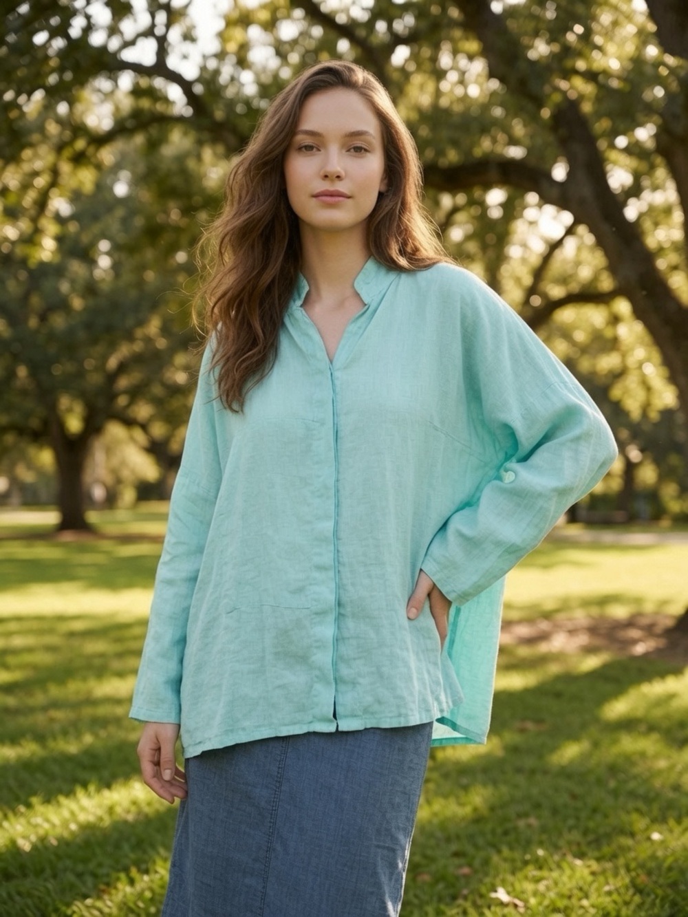 Planet by Lauren OSFA Relaxed 100% Linen Button-Front Shirt in Light Aqua Blue